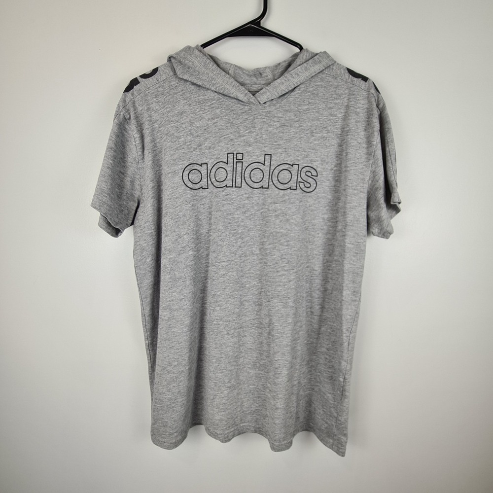 Adidas Shirt Youth XL 18/20 Performance Hooded Tee‎ Gray Short Sleeve Logo Teen